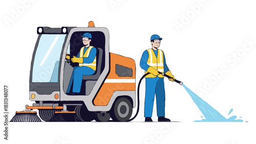 Flat vector illustration of city sanitation workers operating a small road sweeping machine