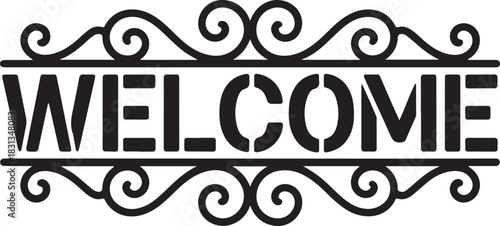 Black Metal Welcome Sign with Elegant Swirls and Flourishes Keywords: welcome sign, metal art, decorative, ornate, swirls, flourishes