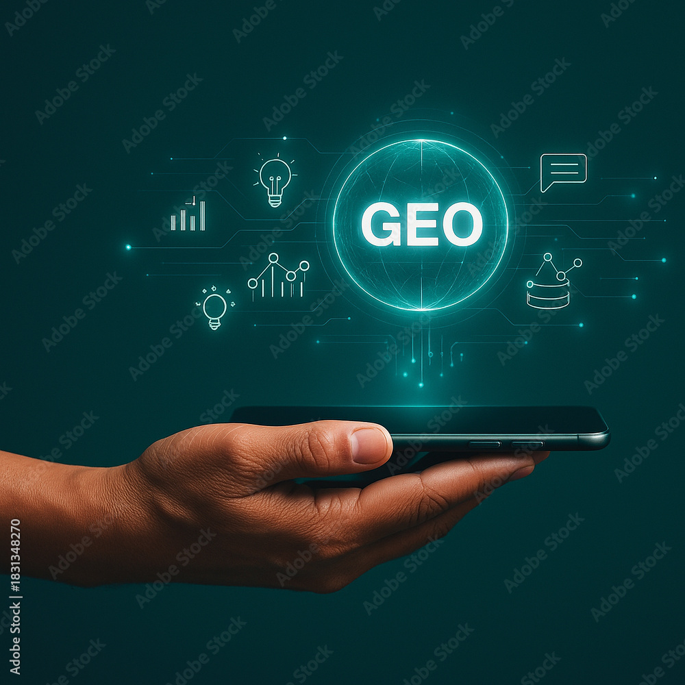 Fototapeta premium AI generated futuristic holographic GEO system floating above a smartphone showing data flow analytics creativity icons and global connectivity with a modern clean tech atmosphere