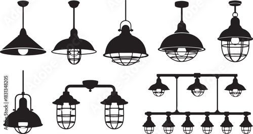 Collection of Industrial Style Pendant Light Silhouettes in Black and White lamp