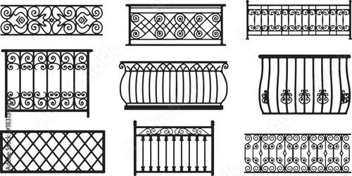 Collection of Ornate Wrought Iron Balcony Railing Designs in Silhouette on White Background