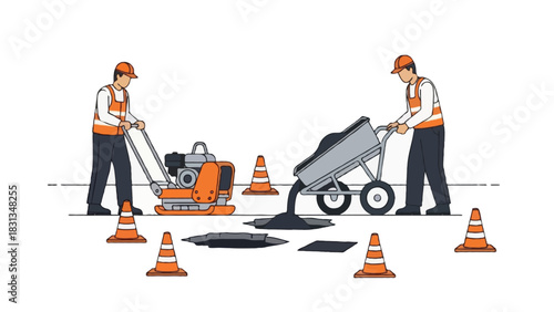 Flat vector illustration of road crew fixing a pothole