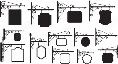 Collection of Vintage Hanging Sign Silhouettes with Ornate Brackets and Various Shapes