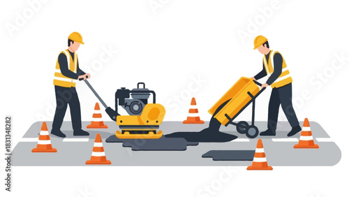 Flat vector illustration of road crew fixing a pothole