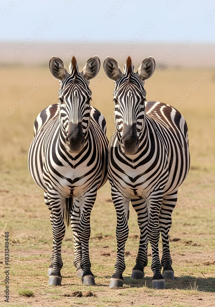 Naklejka premium Two Zebras Standing Side by Side in the African Savanna Under the Warm Sunlight Showcasing their Striking Black and White Patterns