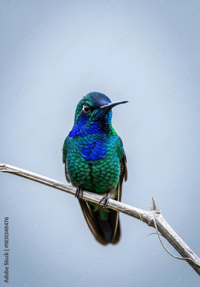 Fototapeta premium Vibrant and detailed close up of a hummingbird perched on a branch showcasing its iridescent feathers and delicate features against a soft blue background