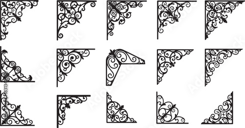 Set of ornate black wrought iron corner bracket designs in silhouette brace support