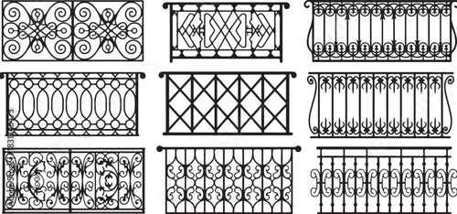 Set of Nine Black Silhouettes of Decorative Wrought Iron Balcony Railings and Fences vector
