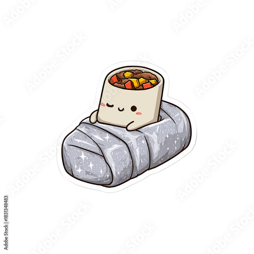 Cute cartoon burrito character resting in foil
