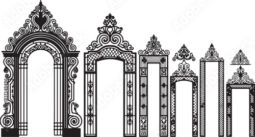 Set of seven black wrought iron arched gateway silhouettes with intricate decorative designs