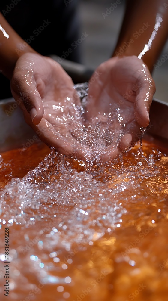 Fototapeta premium Hands cupping clear water with liquid surface below, reflecting light, creating splash