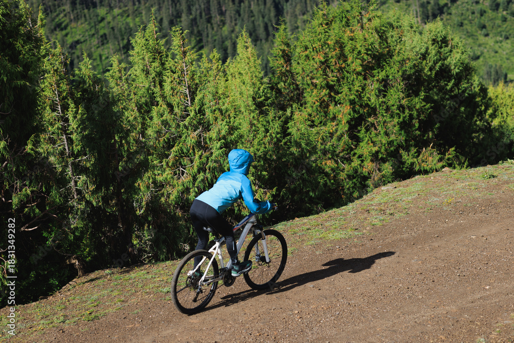 Fototapeta premium Riding mountain bike in the beautiful alpine forest mountains