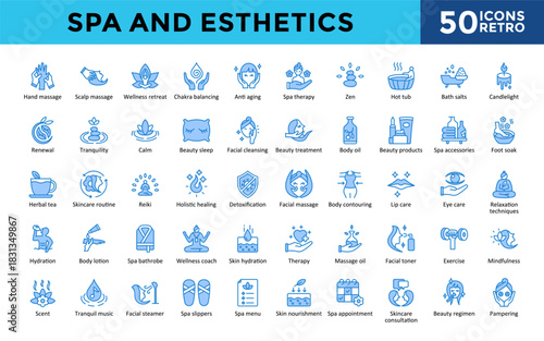 Spa and Esthetics icons set with hand massage, scalp massage, wellness retreat, chakra balancing, anti aging icon. Simple retro vector illustration. Editable stroke
