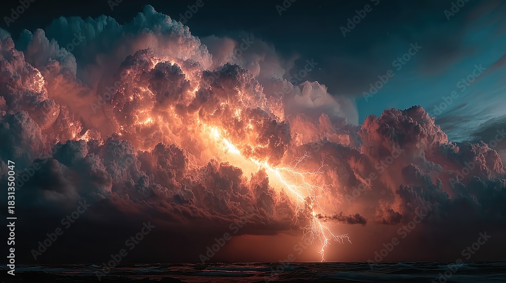 Fototapeta premium Dramatic thunderstorm cloudscape with lightning strikes over the ocean at sunset no comma