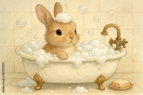 Happy Cartoon Easter Bunny Rabbit  Talking a Bubble Bath