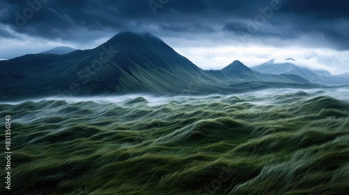 A scenic landscape featuring mountains, grassland, and a dramatic, stormy sky. The scene is filled with a sense of wildness and natural beauty.