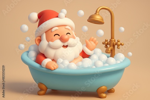 Happy Santa Claus Talking a Bubble Bath