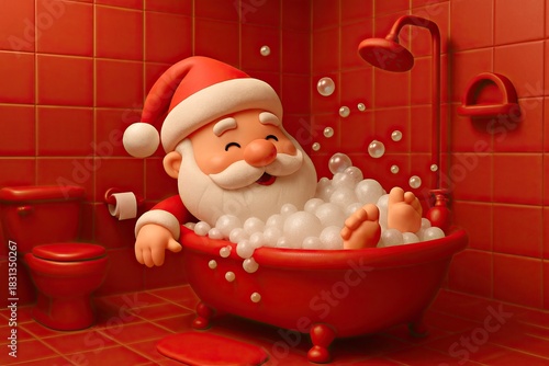 Happy Santa Claus Talking a Bubble Bath