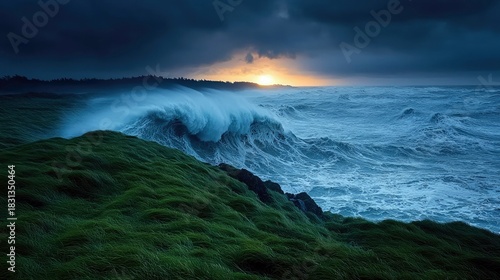 Fototapeta Naklejka Na Ścianę i Meble -  A large ocean wave crashes against a rocky shore, with green grass in the foreground and a dramatic sunset in the background. The scene is moody and atmospheric
