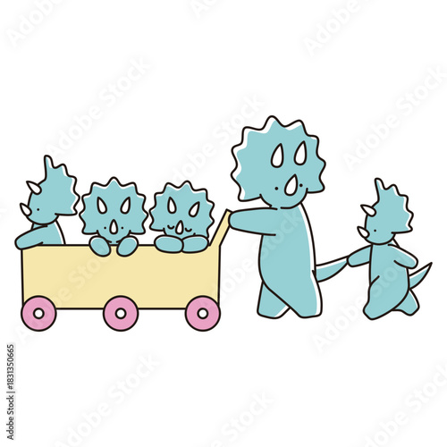 お散歩カーで散歩中のトリケラトプスの親子のイラスト