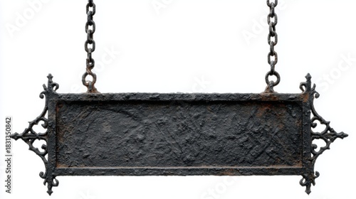 Rustic Hanging Sign with Ornate Metal Design and Weathered Surface Perfect for Vintage Decor and Business Displays