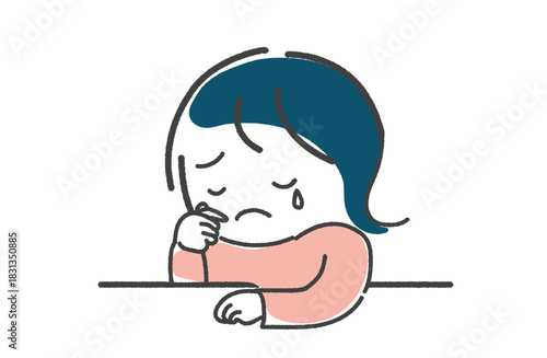 手描き　テーブルの上で悲しくて涙を流す女性のイラスト