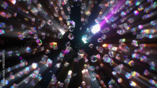A luxurious explosion of countless sparkling diamonds falling through brilliant light rays against a dark, abstract background