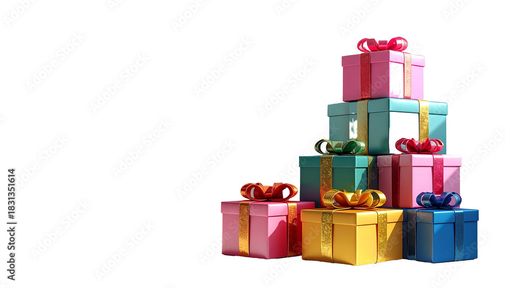 Obraz premium Stack of brightly colored gift boxes with gold and purple ribbons, placed on a clean white surface with natural shadows.&nbsp;s