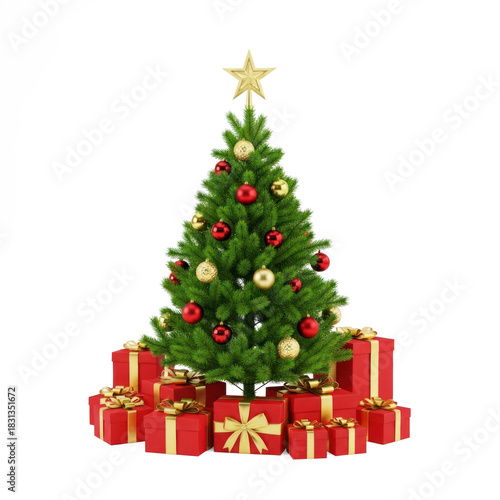 A beautifully decorated Christmas tree with red and gold ornaments and a star on top, surrounded by red gift boxes with gold ribbons and bows.