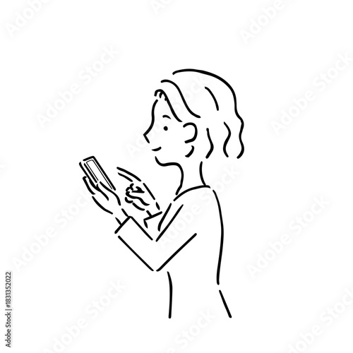 スマホを操作している若い女性の横顔・線画