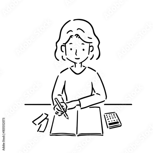 手書きの家計簿をつけている若い女性・線画