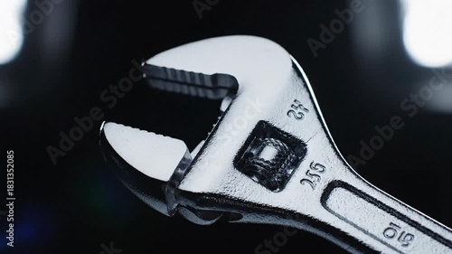 Close up of adjustable wrench tool metallic texture mechanical detail work equipment industrial concept