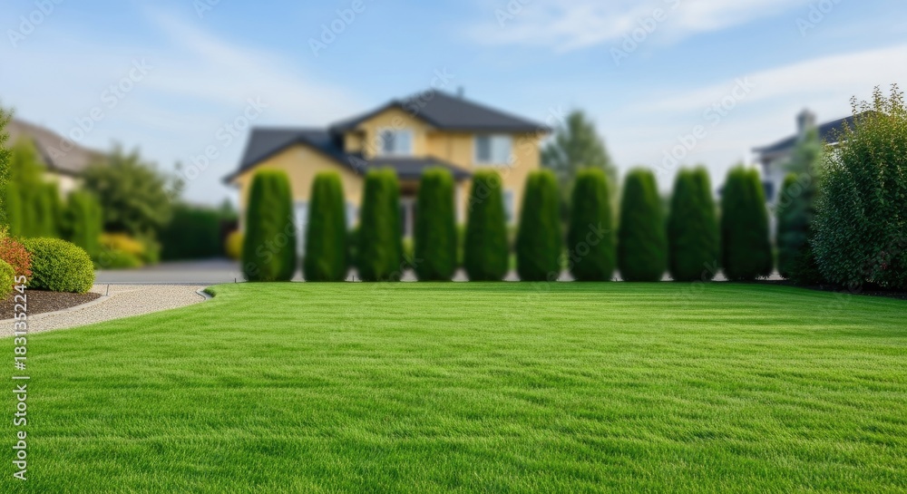 Naklejka premium A well-maintained lawn with neatly trimmed grass and a row of evergreen trees in front of a house.