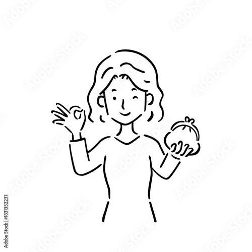 がま口財布を持ってOKサインをしている若い女性・線画