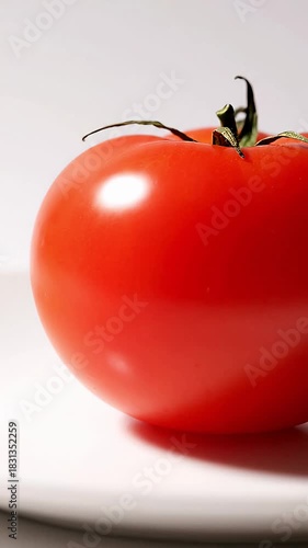Close Up View of a Fresh and Vibrant Red Tomato with Green Stem on a Clean White Background Healthy Organic Ripe Produce for Cooking and Eating