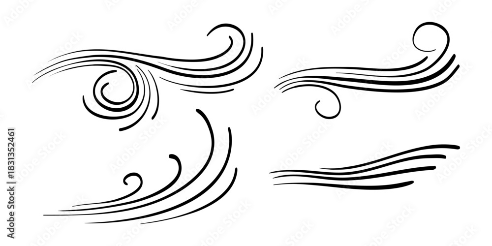 Fototapeta premium hand drawn set wind doodle blow, gust design isolated on white background