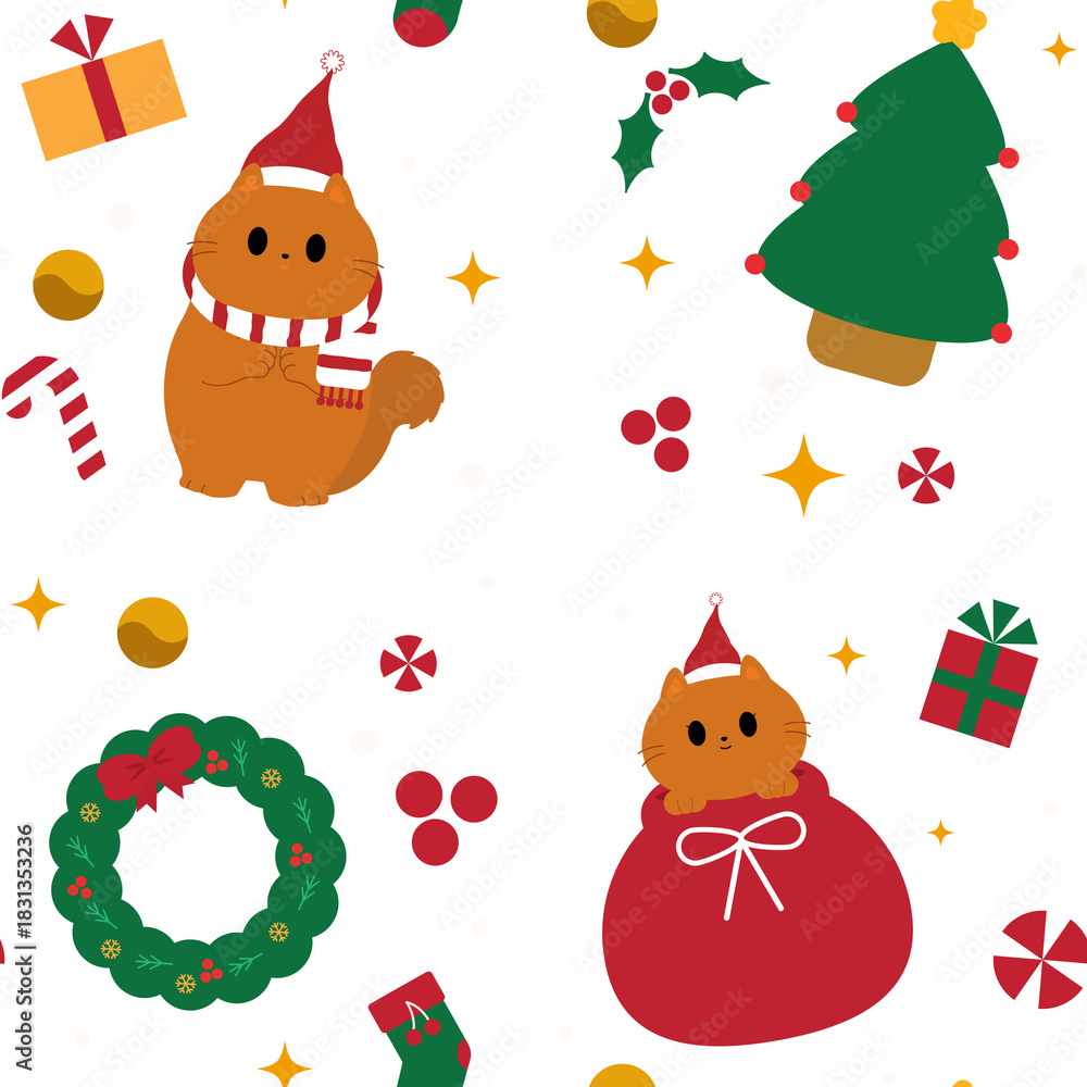 Fototapeta premium Orange Cat Christmas Pattern