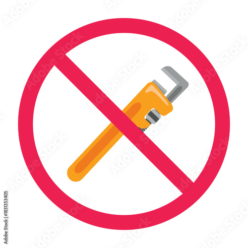 No wrench sign, no repair sign, forbidden sign with adjustable wrench icon, red crossed circle symbol, vector illustration