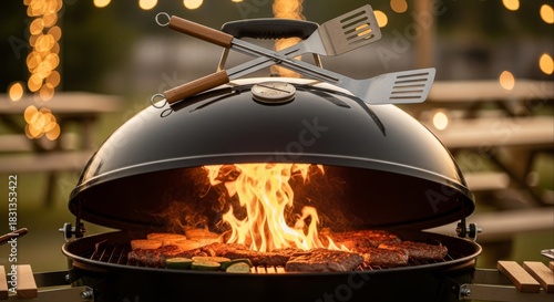 Outdoor BBQ Grill with Flames and Cooking Food.