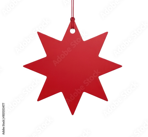 A red star-shaped tag hanging from a string against a white background.