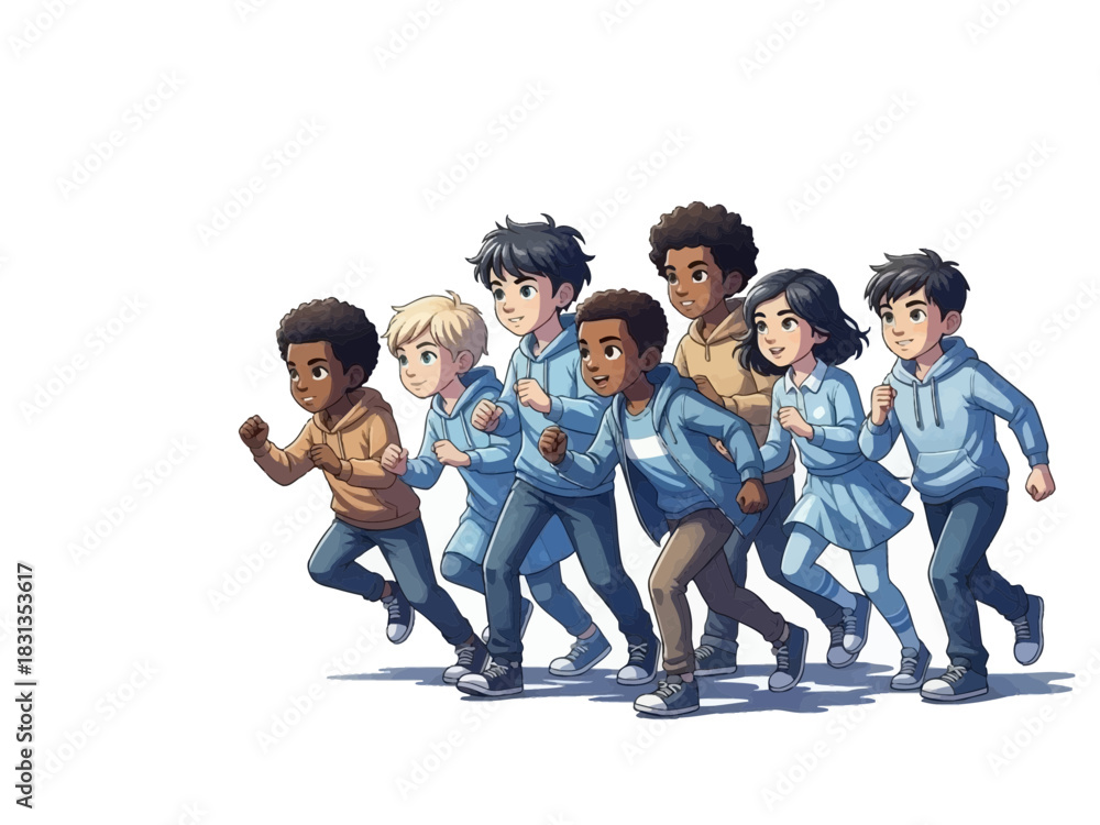 Fototapeta premium Diverse Group of Children Running Together in Cartoon Style.
