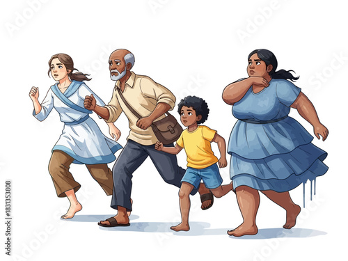 Family Running Together in Cartoon Style Illustration.