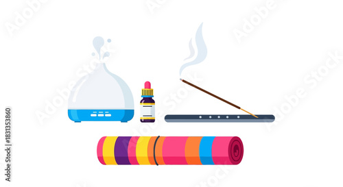 Flat lay of a yoga mat with an essential oil diffuser and incense stick on a white