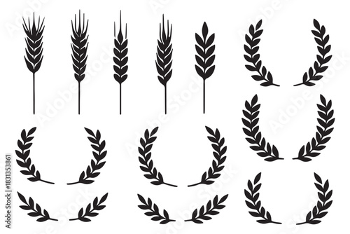 Wheat and grain stalk silhouettes, laurel wreath vector, harvest symbols, black icons, agricultural design, prosperity emblem set