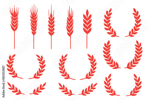 Wheat and grain stalk silhouettes, laurel wreath vector, harvest symbols, black icons, agricultural design, prosperity emblem set