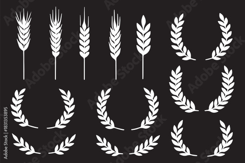Wheat and grain stalk silhouettes, laurel wreath vector, harvest symbols, black icons, agricultural design, prosperity emblem set