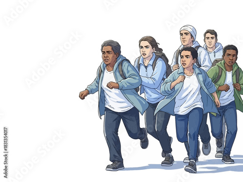 Group of People Running in Fear Illustration.