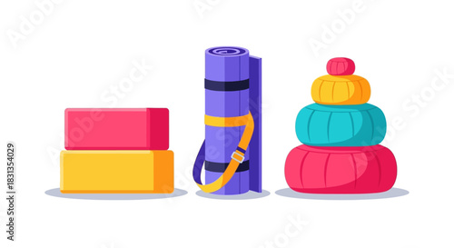 Colorful illustration of yoga blocks and a mat on a white background.