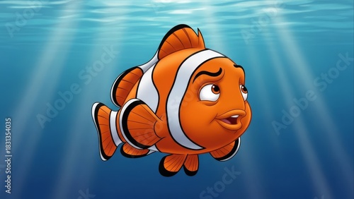 Worried Clownfish Swimming in the Ocean with Sun Rays.