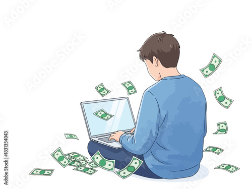 Making Money Online Boy with Laptop Earning.